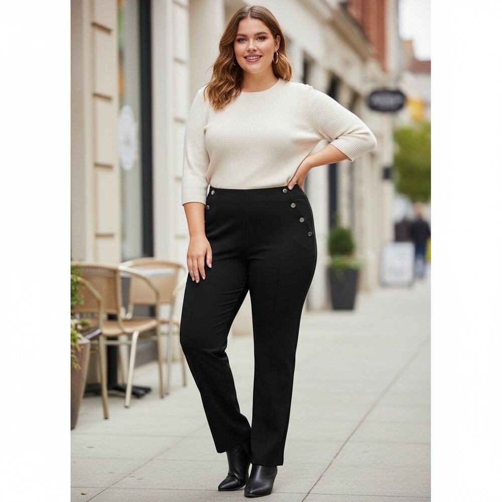 Zac & Rachel Black Wide-Leg Pull-On Pants, Size XL, Stylish Button Detail